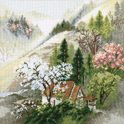 DIY Counted Cross Stitch Kit "Cozy hut at mountain stream"