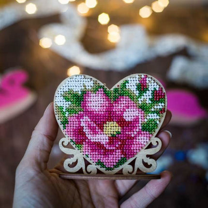 DIY Beaded embroidery on wood kit "Heart with flowers"