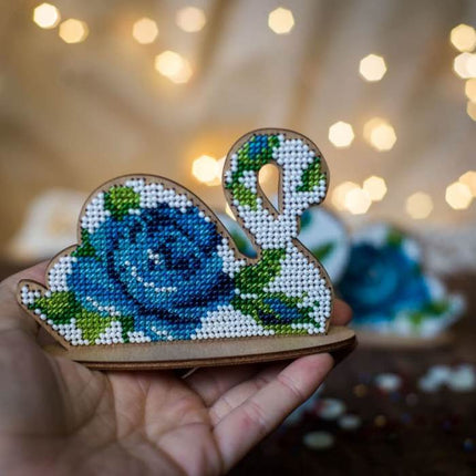 DIY Beaded embroidery on wood kit "Swan ornament"