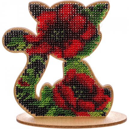 DIY Beaded embroidery on wood kit "Cat ornament Poppies"