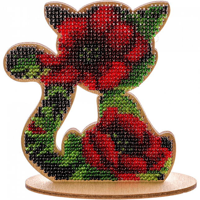 DIY Beaded embroidery on wood kit "Cat ornament Poppies"