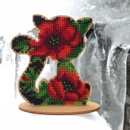 DIY Beaded embroidery on wood kit "Cat ornament Poppies"
