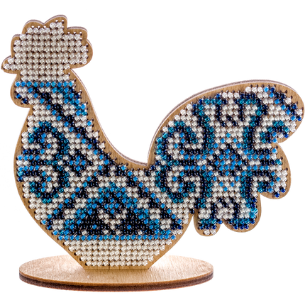 DIY Beaded embroidery on wood kit "Rooster with blue ornament"