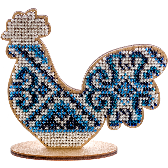 DIY Beaded embroidery on wood kit "Rooster with blue ornament"