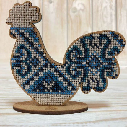 DIY Beaded embroidery on wood kit "Rooster with blue ornament"