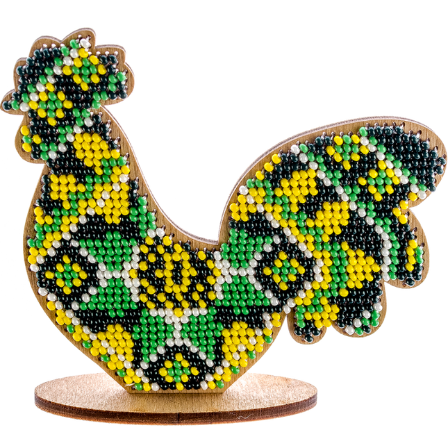 DIY Beaded embroidery on wood kit "Rooster with green ornament"