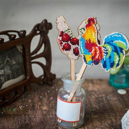 DIY Beaded embroidery on wood kit "Rooster ornament"