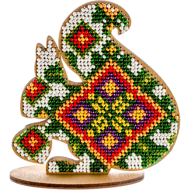 DIY Beaded embroidery on wood kit "Squirrel ornament"