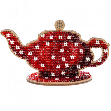 DIY Beaded embroidery on wood kit "Red teapot"