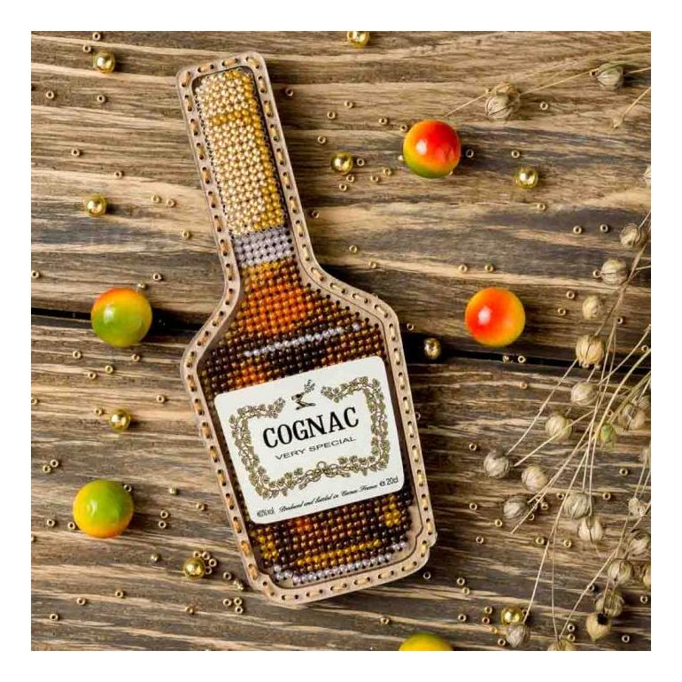 DIY Bead embroidery kit on wood "Cognac bottle" Fridge magnet