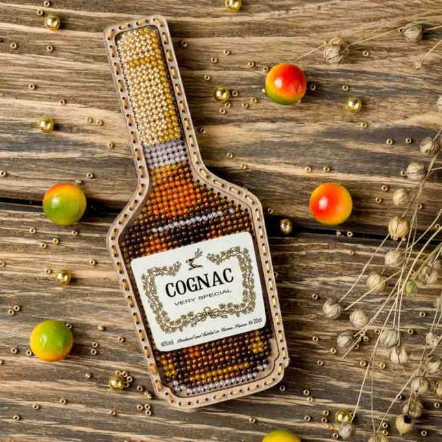 DIY Bead embroidery kit on wood "Cognac bottle" Fridge magnet