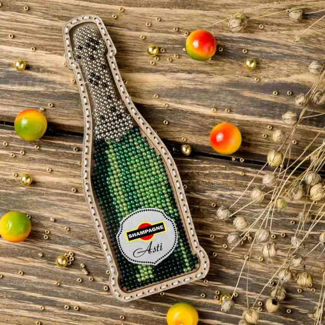 DIY Bead embroidery kit on wood "Champagne bottle" Fridge magnet