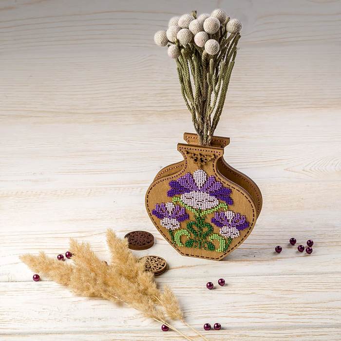DIY Bead Embroidery on wood kit "Purple flowers" Flower vase