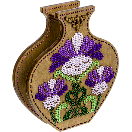 DIY Bead Embroidery on wood kit "Purple flowers" Flower vase