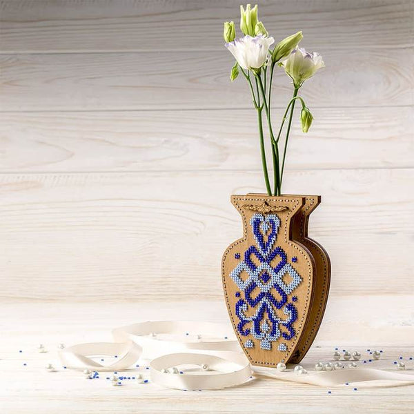 DIY Bead Embroidery on wood kit "Blue ornament" Flower vase