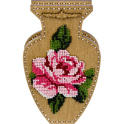 DIY Bead Embroidery on wood kit "Pink rose" Flower vase