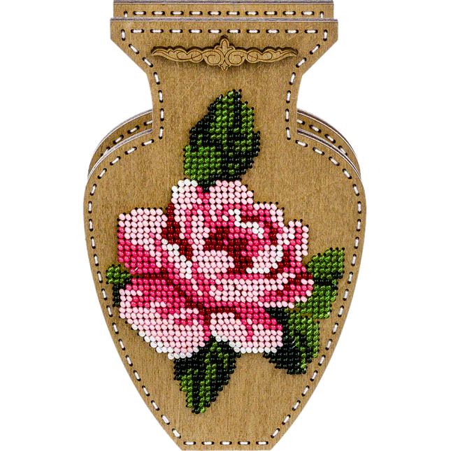 DIY Bead Embroidery on wood kit "Pink rose" Flower vase