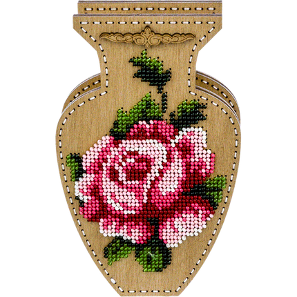 DIY Bead Embroidery on wood kit "Pink rose" Flower vase