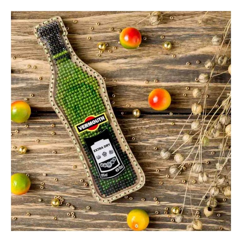 DIY Bead embroidery kit on wood "Vermouth bottle" Fridge magnet