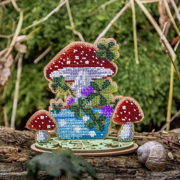 DIY Bead embroidery kit on wood "Mushrooms"