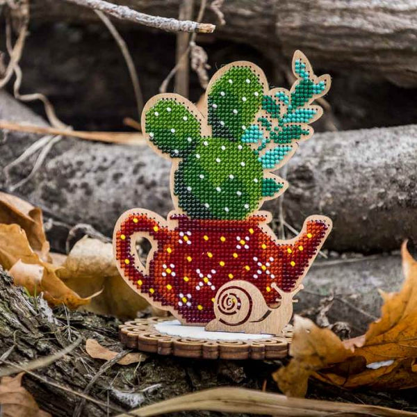 DIY Bead embroidery kit on wood "Cactus"