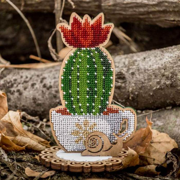 DIY Bead embroidery kit on wood "Blooming cactus"