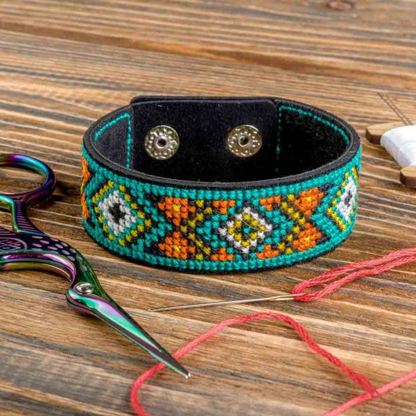 Cross-stitch kits on leather "Ethnic ornament" DIY Bracelet embroidery kit