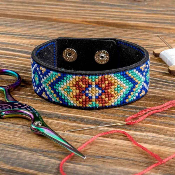 Cross-stitch kits on leather "Ethnic ornament" DIY Bracelet embroidery kit
