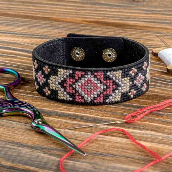 Cross-stitch kits on leather "Ethnic ornament" DIY Bracelet embroidery kit