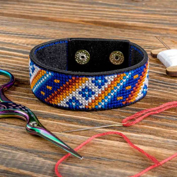 Cross-stitch kits on leather "Ethnic ornament" DIY Bracelet embroidery kit