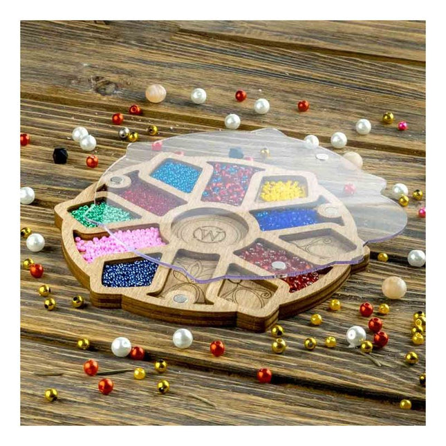 Wood bead organizer with transparent lid