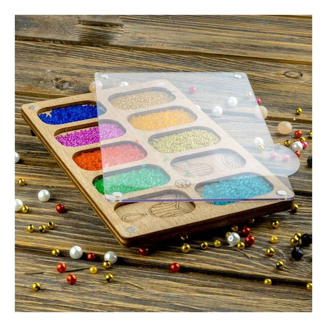 Wood bead organizer with transparent lid