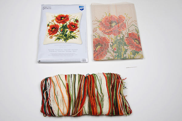 DIY Cross stitch cushion kit Poppies