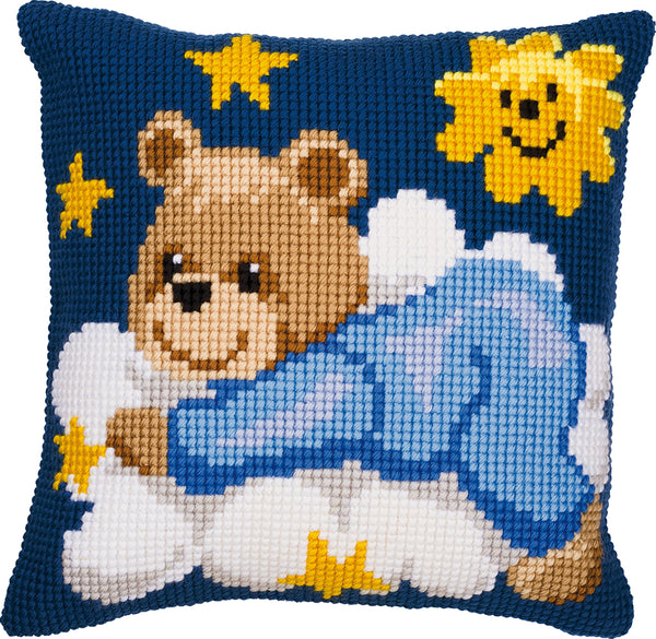 DIY Cross stitch cushion kit Blue bear on a cloud