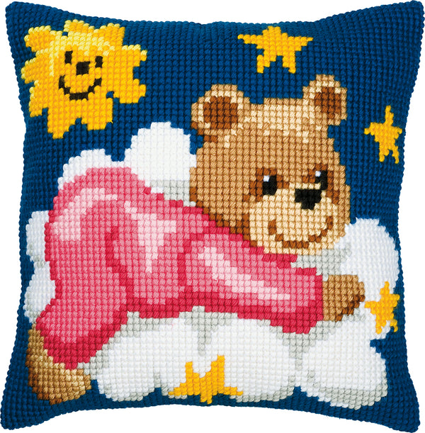 DIY Cross stitch cushion kit Pink bear on a cloud