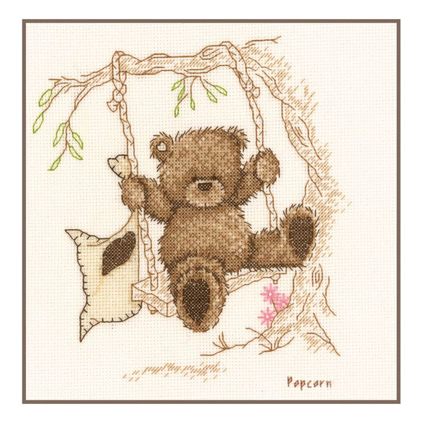 DIY Counted cross stitch kit Popcorn bear swing 15 x 16 cm / 6" x 6.4"