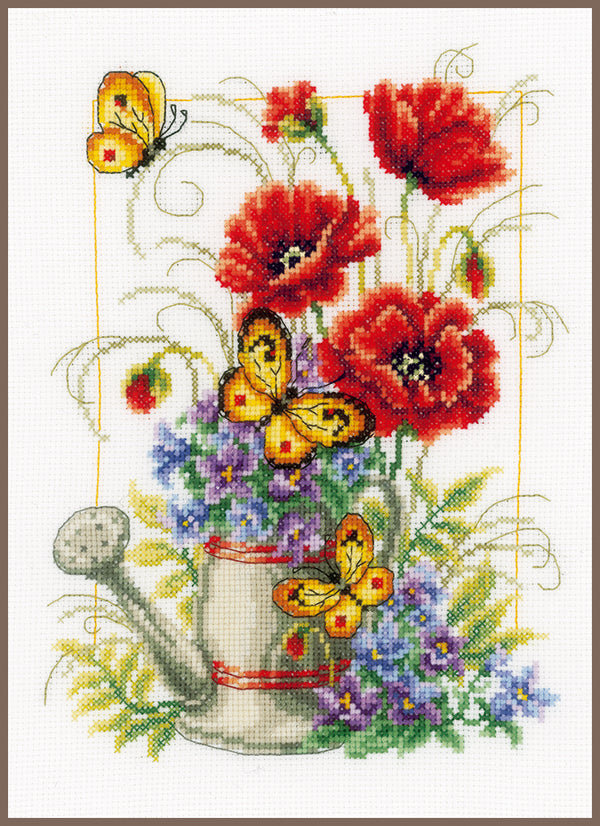 DIY Counted cross stitch kit Watering can with flowers 19 x 25 cm / 7.6