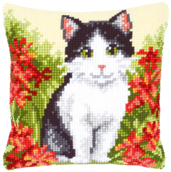 DIY Cross stitch cushion kit Cat in flower field
