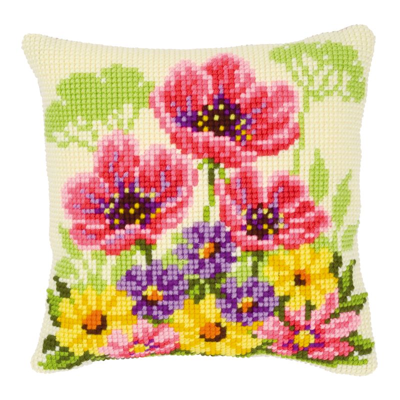 DIY Cross stitch cushion kit Flower field poppies