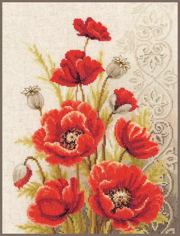 DIY Counted cross stitch kit Poppies and swirls 24 x 33 cm / 9.6