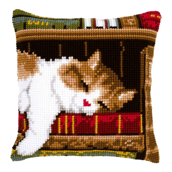 DIY Cross stitch cushion kit Cat sleeping on bookshelf