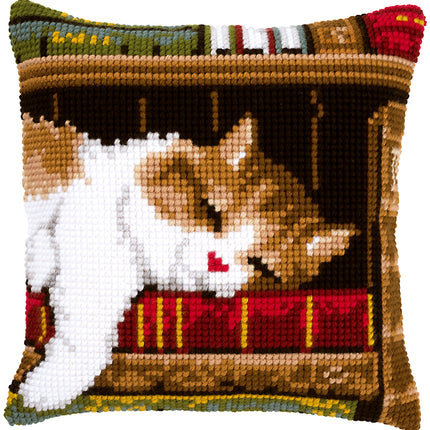 DIY Cross stitch cushion kit Cat sleeping on bookshelf