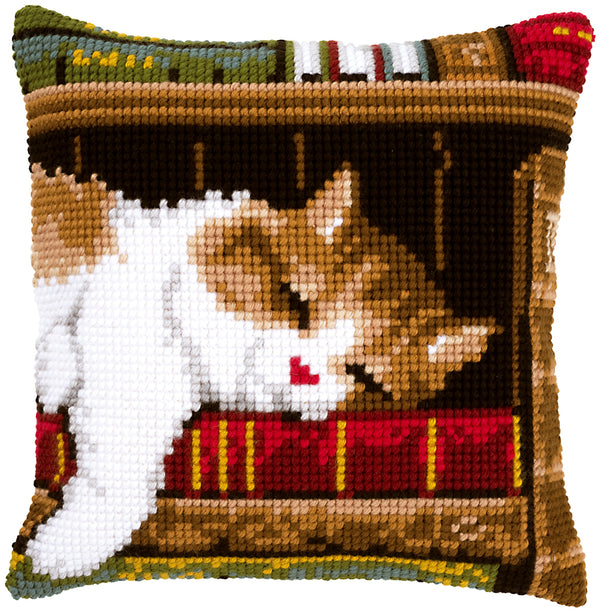 DIY Cross stitch cushion kit Cat sleeping on bookshelf