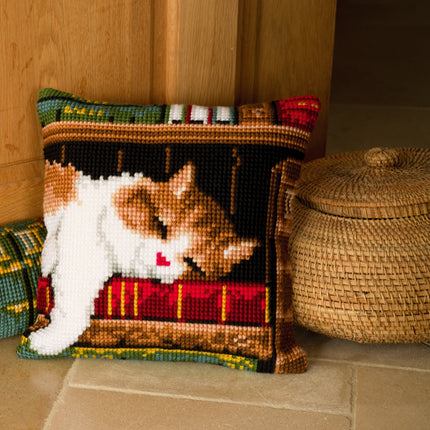DIY Cross stitch cushion kit Cat sleeping on bookshelf