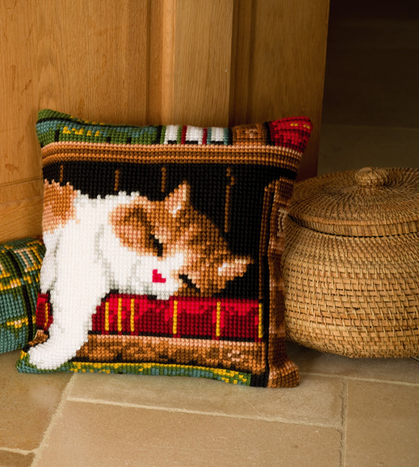 DIY Cross stitch cushion kit Cat sleeping on bookshelf