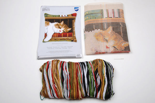 DIY Cross stitch cushion kit Cat sleeping on bookshelf