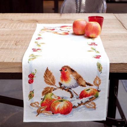 DIY Table Runner kit "Aida table runner kit Robin redbreast with apples"