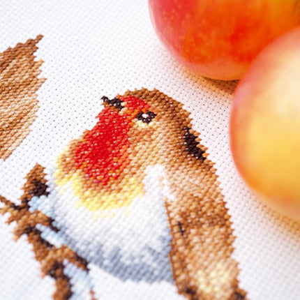 DIY Table Runner kit "Aida table runner kit Robin redbreast with apples"