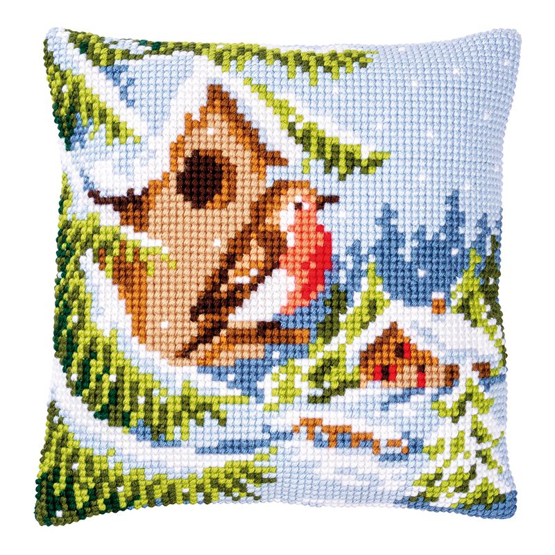 DIY Cross stitch cushion kit Robin in winter