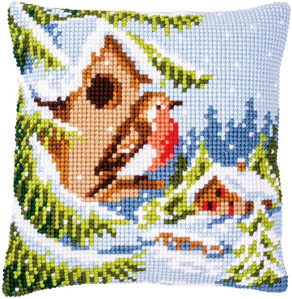 DIY Cross stitch cushion kit Robin in winter